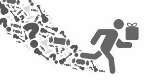 An image showing a silhouette graphic of a man running with a present in his hand surrounded by different gifts